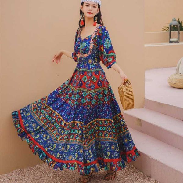 

summer ethnic style retro exotic floral print v-neck seven-point sleeves slimming long dress bohemian holiday beach 210531, Black;gray