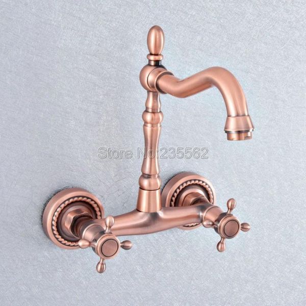 

antique red copper brass wall mounted bathroom kitchen sink faucet swivel spout mixer tap dual cross handles lsf8571