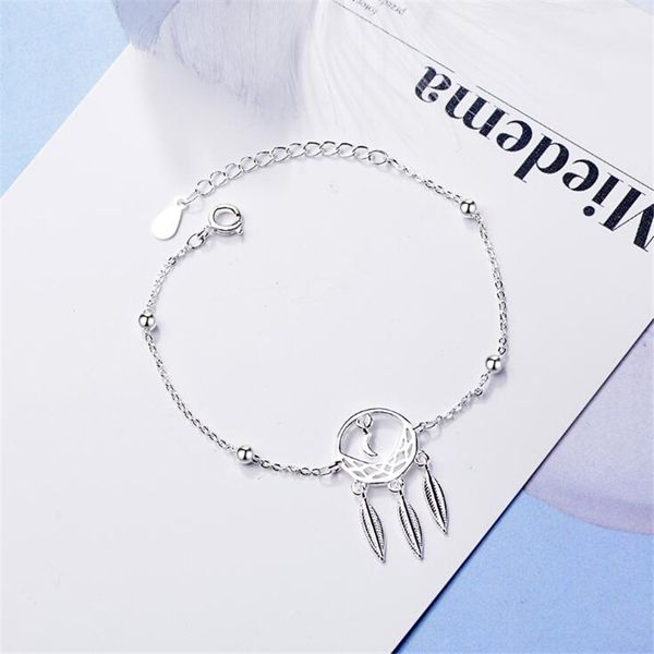 

retro hollow pattern flower 925 sterling silver jewelry simple moon feather shaped ball personality bracelets sb153, Black