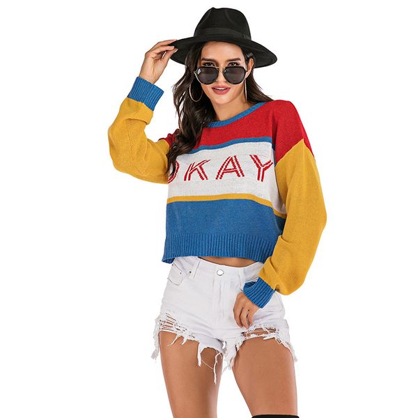 

2021 autumn sweater new ins wind trend letter round neck bottoming knitted women, White;black