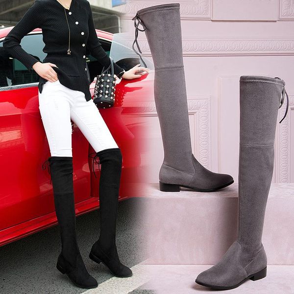 

boots frosted suede knee length boots, thick heel large shoes, Black