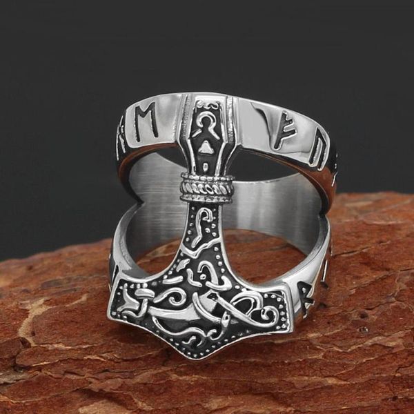 

cluster rings retro stainless steel odin norse viking amulet rune index ring men and women fashion nordic hammer giant wolf punk jewelry, Golden;silver