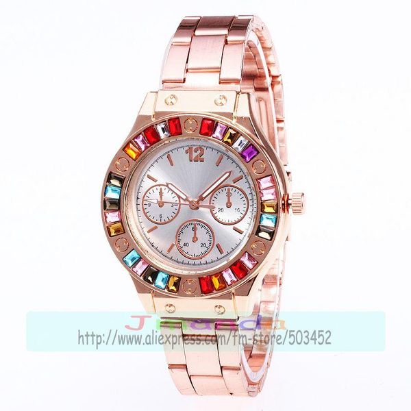 

wristwatches 100pcs/lot luxury colorful crystal lady steel belt watch for women temperament round case arabic numerals montre femme wholesal, Slivery;brown