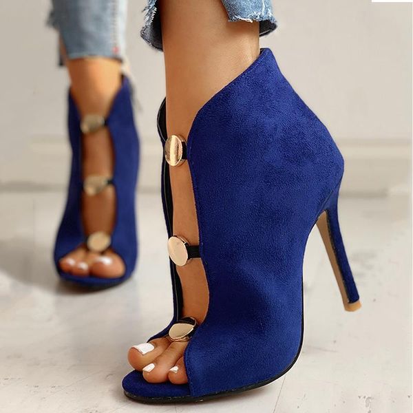 

women sandals hollow out high heels female metal buttoned peep toe thin high-heeled party shoes for 2021, Black
