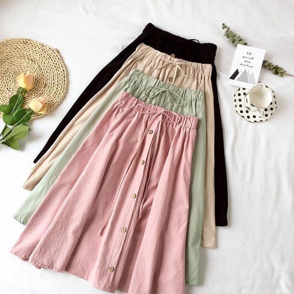 

skirts summer womens midi elegant button high waist skirt female pleated school, Black