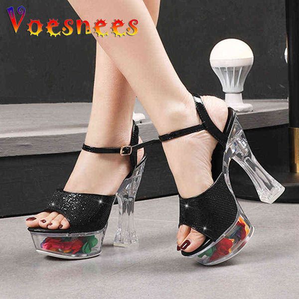 Mode Transparente Blütenblatt Plattform Hohe Ferse Schuhe frauen Neue Ins Heißer Sommer Glänzende Sandalen 14CM Schwarz Party Kleid frau Schuh Y220211