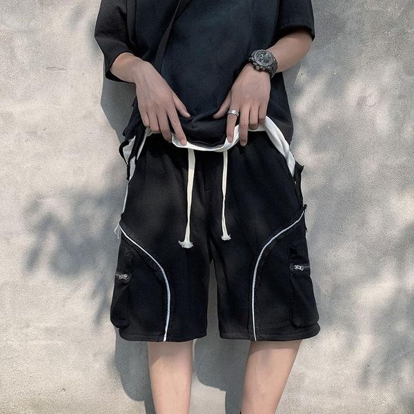 

summer reflective shorts men's fashion pocket casual men streetwear loose hip-hop straight five-point pants mens m-2xl, White;black