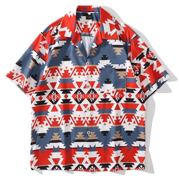 

men's casual shirts mens harajuku retro geometry print shirt blouse oversize short sleeve 2021 summer bohemia beach loose clothes, White;black