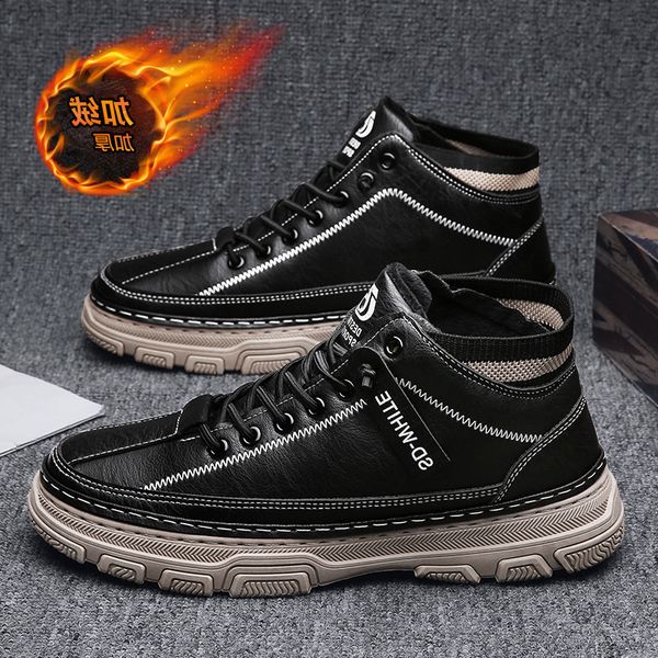 

martin boots men's winter plush warm cotton shoes british wind work clothes leather high waterproof thickened snow, Black