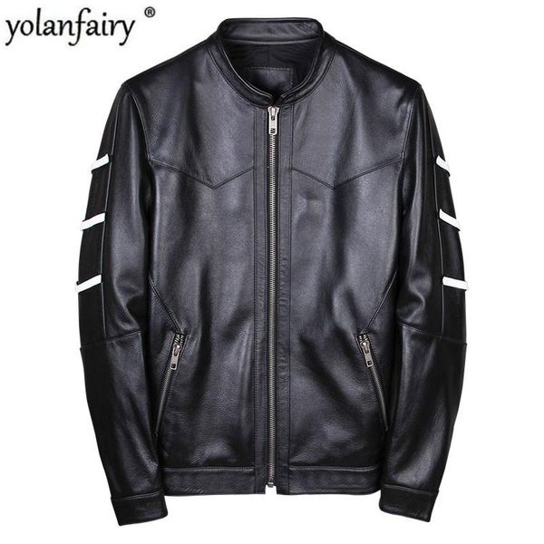 

men's leather & faux genuine jacket men cow korean motorcycle slim bomber mens jaqueta de couro 19001 yy998, Black