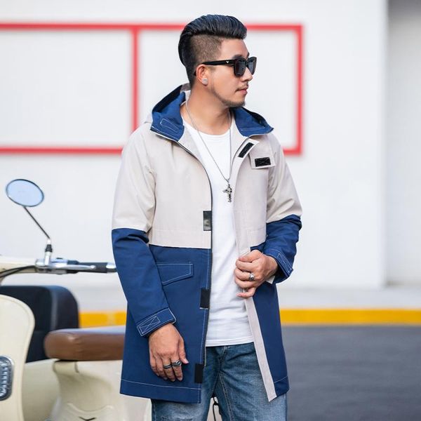 

men's trench coats winter large size hooded windbreaker mid-length jacket 4xl-8xl fashion zipper pocket loose, Tan;black