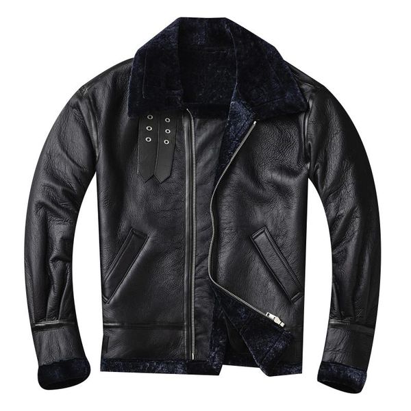 

men's leather & faux 2021 black men american style b3 bomber jacket plus size xxxl genuine sheepskin winter warm pilot shearling coat