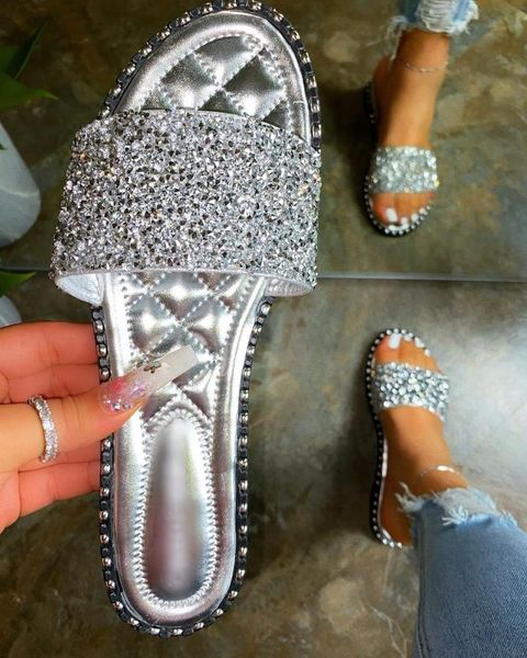

slippers 2021 bling women summer indoor flat sandals outdoor beach shoes rhinestones open toe fashion plus size 43, Black
