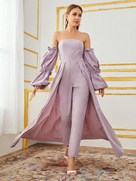 

off shoulder bow detail lantern sleeve jumpsuit with skirt f3cj#, White