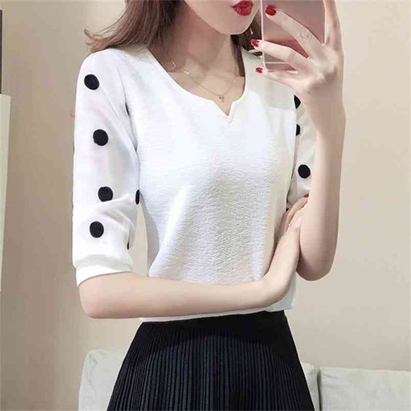 Yaz Beyaz Şifon Polka Dot Baskı Bluz Gömlek 3/4 Kollu V Yaka Tops Blusas Kore Moda Ofis Bluzlar Siyah 210513