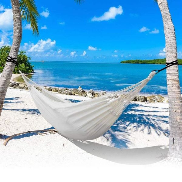 

swing hammock white canvas outdoor camping trip 2-people camp furniture