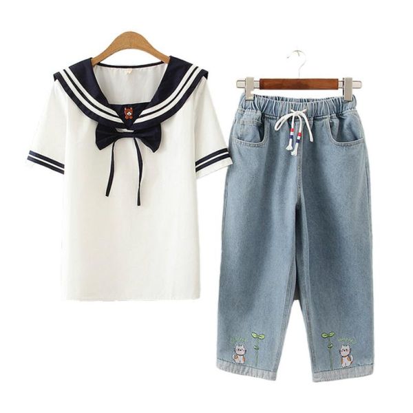 

women's tracksuits women summer 2 pcs set and pants sailor collar short sleeve t shirts elastic waist embroidery denim girls outfits, Gray