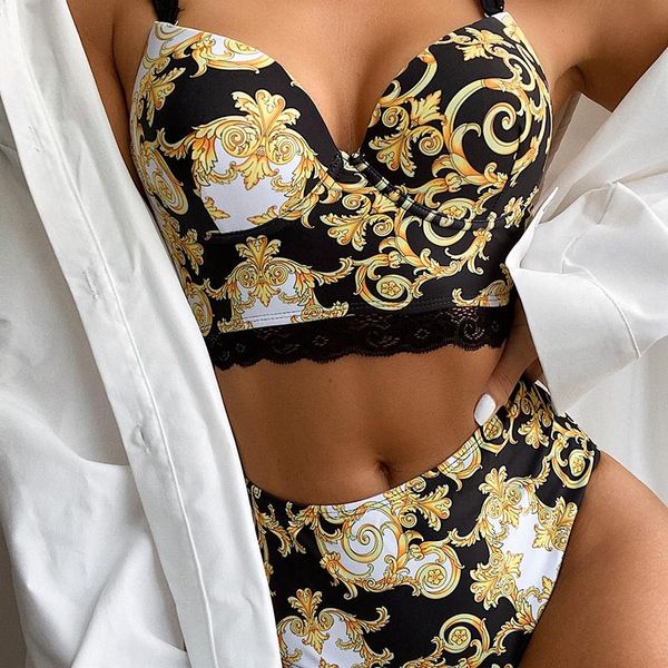 

one-piece suits high waist paisley print bikini push up swimwear 2021 women swimsuit female lace bikinis straps beach bathing suit summ