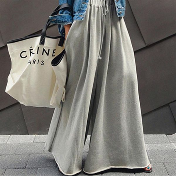 

spring wide leg loose women pant elastic waist long casual students fashion hoodie, Black;white
