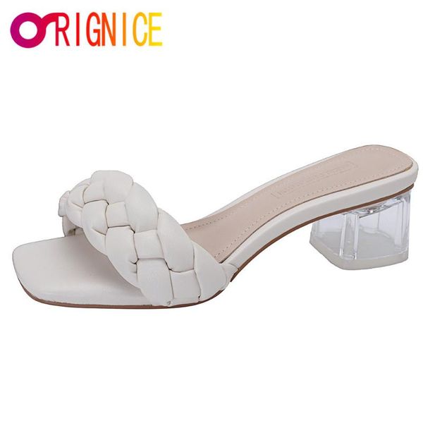 

orignice summer women sandals square toe ladies special transparent heel mules braided pleated slippers female dress shoes, Black