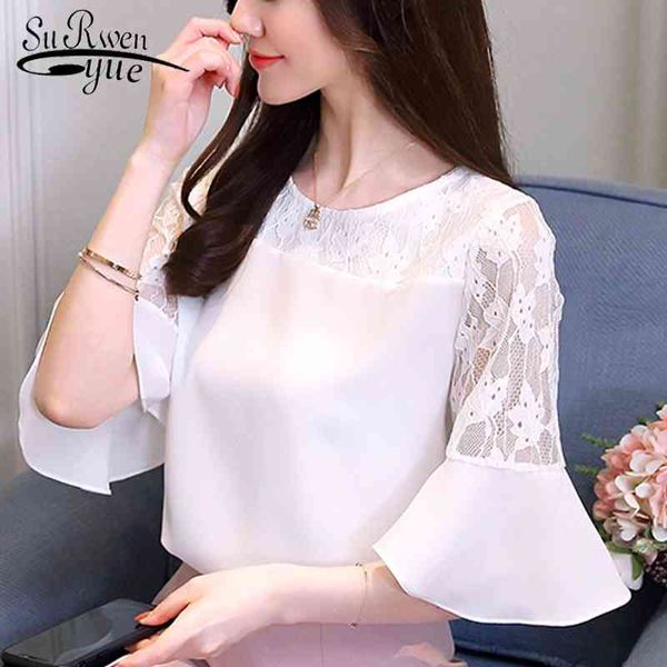 

blouses woman blusas mujer de moda ladies camisa femenina white blouse lace flare sleeve o-neck women 4949 50 210427