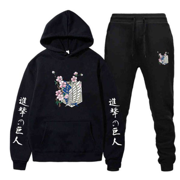 

men women tracksuit hoodies+pants jogging sweatpants sets winter fleece sports suit attack on titan sweatshirt pullover fashion, Gray