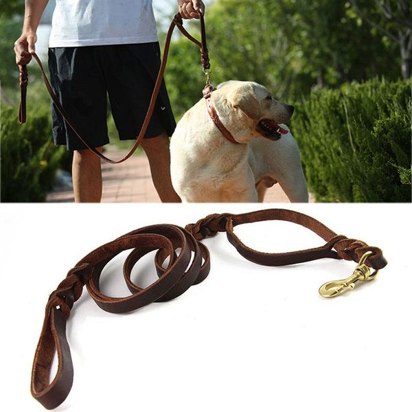 

dog collars & leashes soft and extra strong dual handle 6ft large leash double real leather braided safety training pet lead