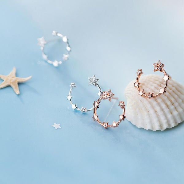

mloveacc genuine 100% 925 sterling silver cute dazzling cz moon stars stud earrings for women fashion jewelry, Golden;silver