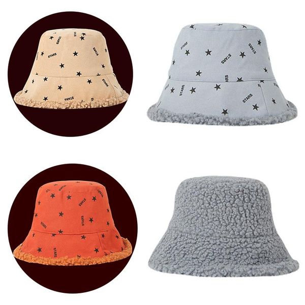 

wide brim hats 1pcs men's and women's autumn winter fisherman hat warm double-sided lamb wool bucket plush s78, Blue;gray
