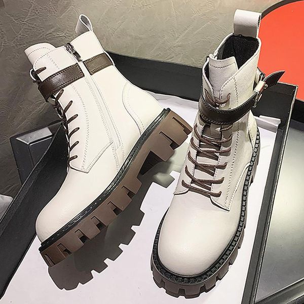 

boots white black leather ankle women autumn winter round toe lace up shoes woman fashion motorcycle platform botas u528