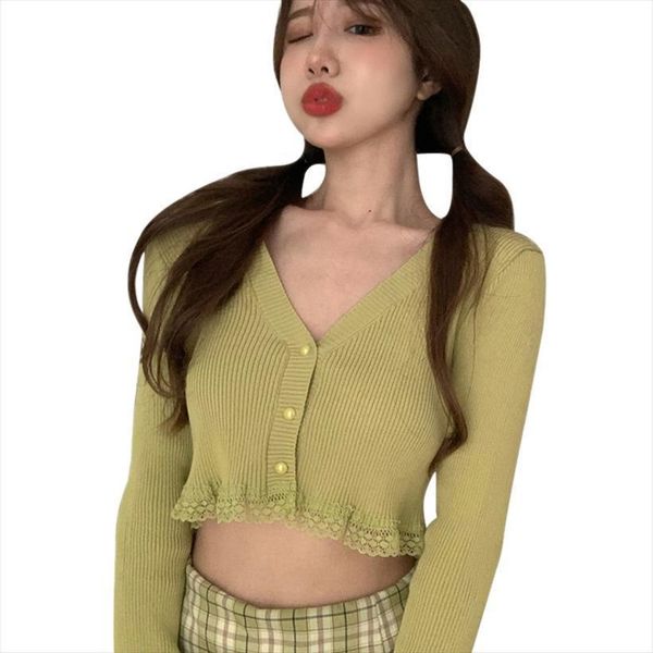 

lace retro long sleeved all women sweater match short knitted cardigan female slim solid v neck bottoming sweaters jacket, White;black