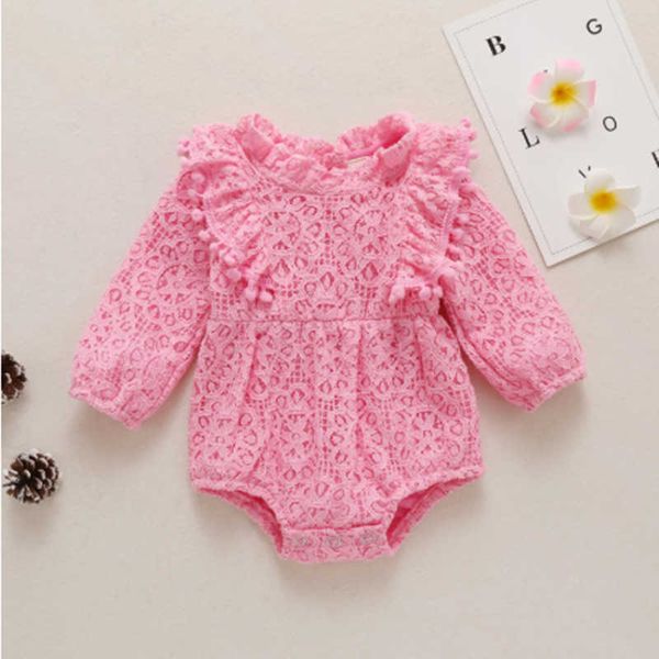 

spring baby girls long sleeve lace rompe for infant toddler solid pom clothies bebe outfit pink 210529, Blue