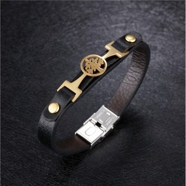 

cuff stainless steel round leaf plant men's leather bracelet, White