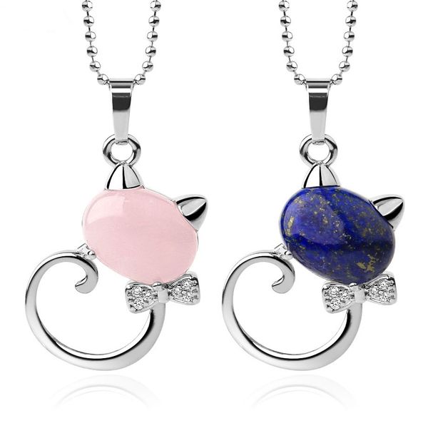 

trendy natural stone cat pendant necklace with beads chain jewelry for women or men multi colors options, Silver