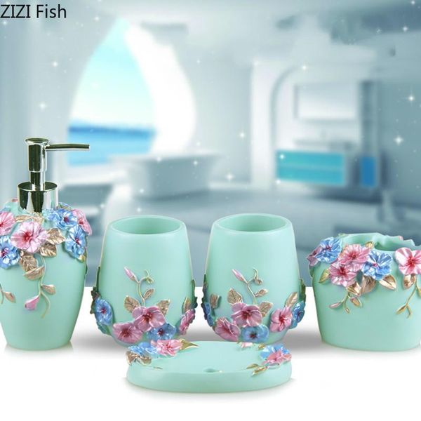 

bath accessory set european style emboss resin bathroom 5-piece toothbrush holder home supplies wedding gift
