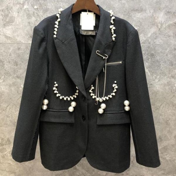 

women's suits & blazers heavy work french style pearl beading ol blazer+high waist pleated skirt women two piece sets, White;black
