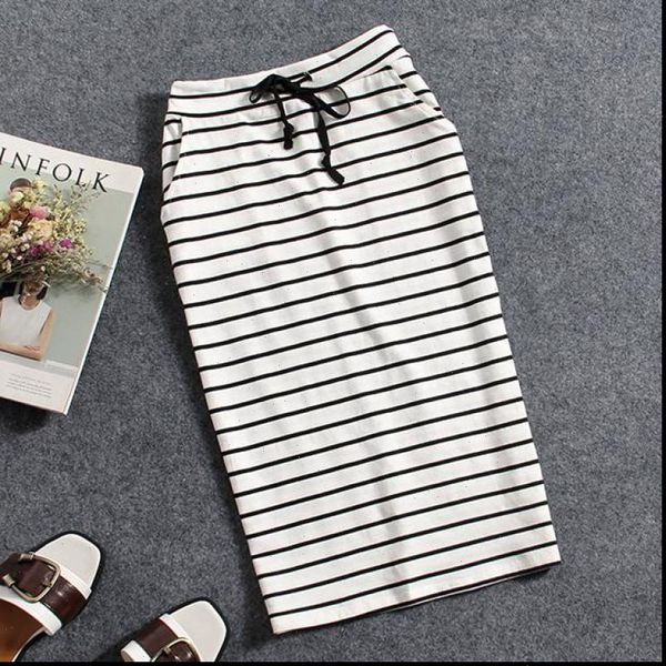 

summer pure cotton black women skirt and white stripes casual pocket mid length bag hip pencil one step half ladies
