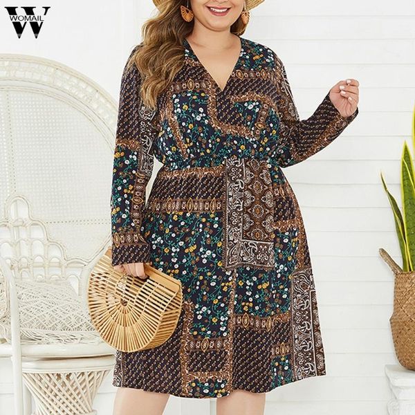 

womail mid-calf dress plus size women v-neck bohemian long sleeve brown lace up flowers print oversized vestidos nov casual dresses, Black;gray
