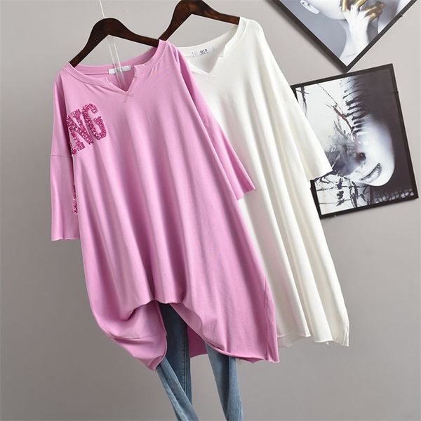 

summer new korean women plus size loose slim half-sleeved t-shirt v-neck solid color casual cotton women 210401, White