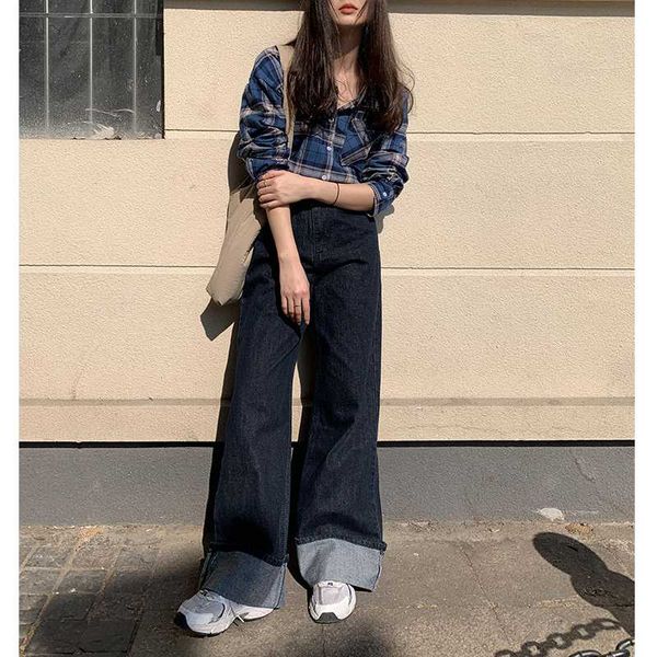 

korean style women jeans autumn spring warm high waist fashion casual loose temperament vintage female straight wide-leg pants women's, Blue