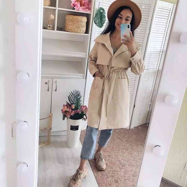 

women's trench coats 2021 female jacket long solid color light casual ladies windbreaker series, Tan;black