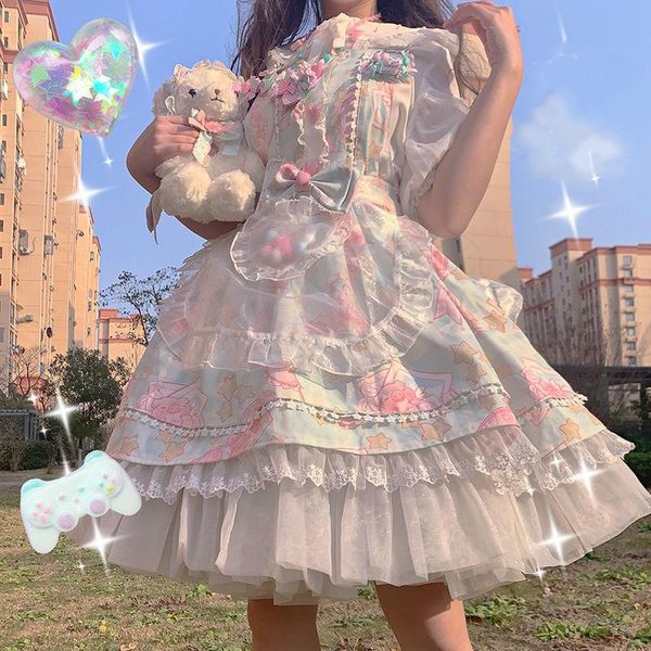 

casual dresses japanese sweet kawaii jsk lolita dress women vintage victorian gothic cartoon sleeveless bow lace princess tea party, Black;gray