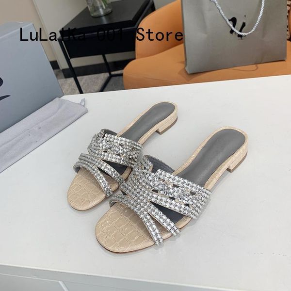 

70% off wholesale sandals flip-flops luxury british fashion rhinestone women slippers small flat heel drag summer crystal mules chunky low s, Black