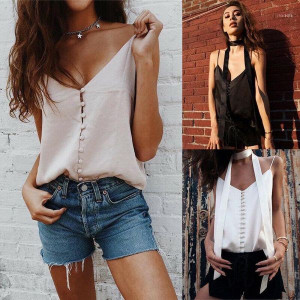 

women camis ladies v neck chiffon summer sleeveless v-neck solid buttons vest casual loose1, White