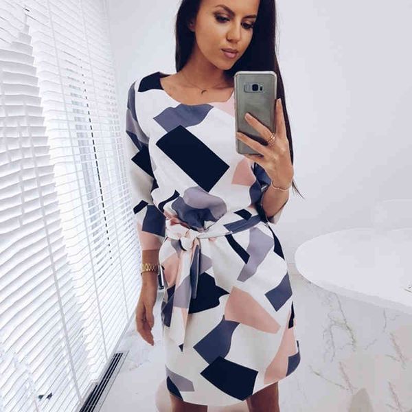

geometric printed sashes pockets autumn dress woman three quarter sleeves o-neck fall casual loose straight mini dresses 210412, Black;gray