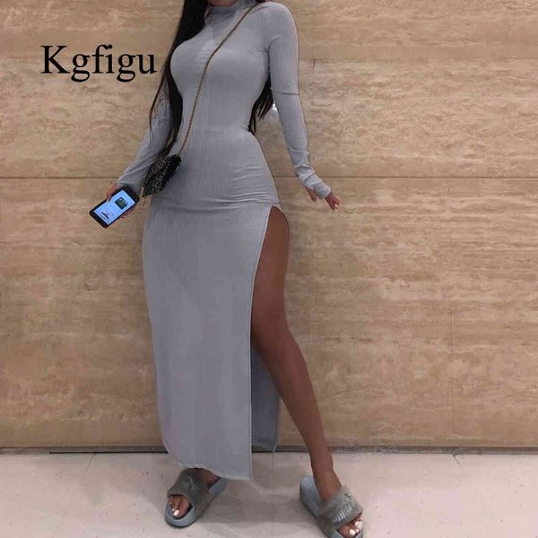 

kgfigu thumb hole cute dress woman party night long sleeve side split clothes ribbed knitted suits khaki maxi vestidos, Black;red