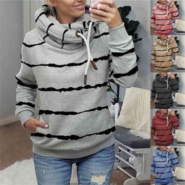 

hoodie women fashion casual oversize s-5xl long sleeve striped print hooded fleece ladies sweatshirt chandail c50 210809, Black
