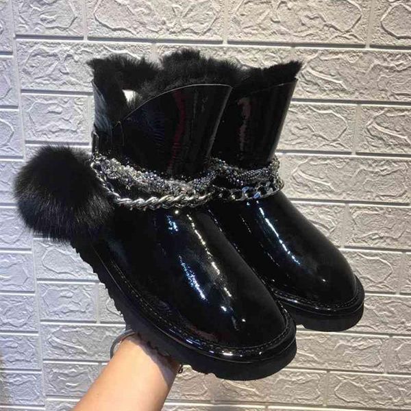 

boots 2021 winter patent leather snow women mental chain decor shearling wool ball fashion shoes, Black