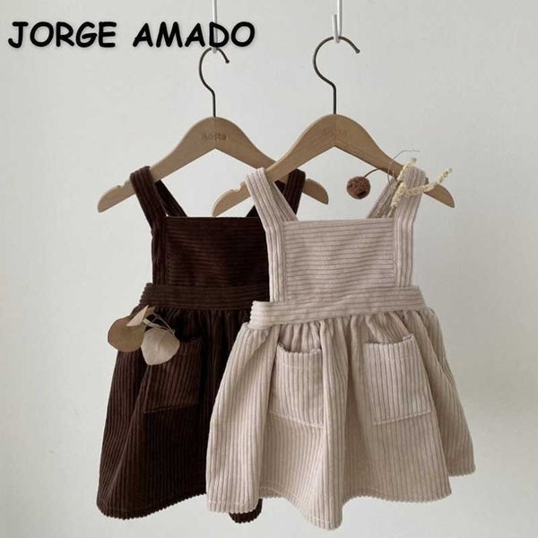 Estilo coreano inverno crianças meninas 2-pcs conjuntos de camisa de fundo branco + macacões vestido de veludo casual roupas E01 210610