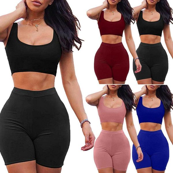

fashion sleeveless sport gym running womens tracksuits crop tank two piece sports set bodycon casual outfit shorts clubwear, Gray